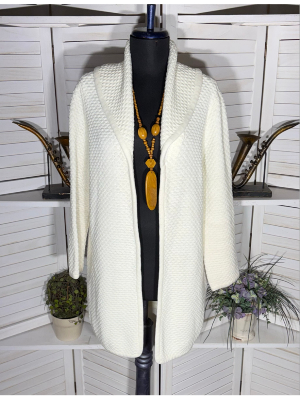 Vintage 70s cream long cardigan cable knit coat open coquette fairy cottage sz L